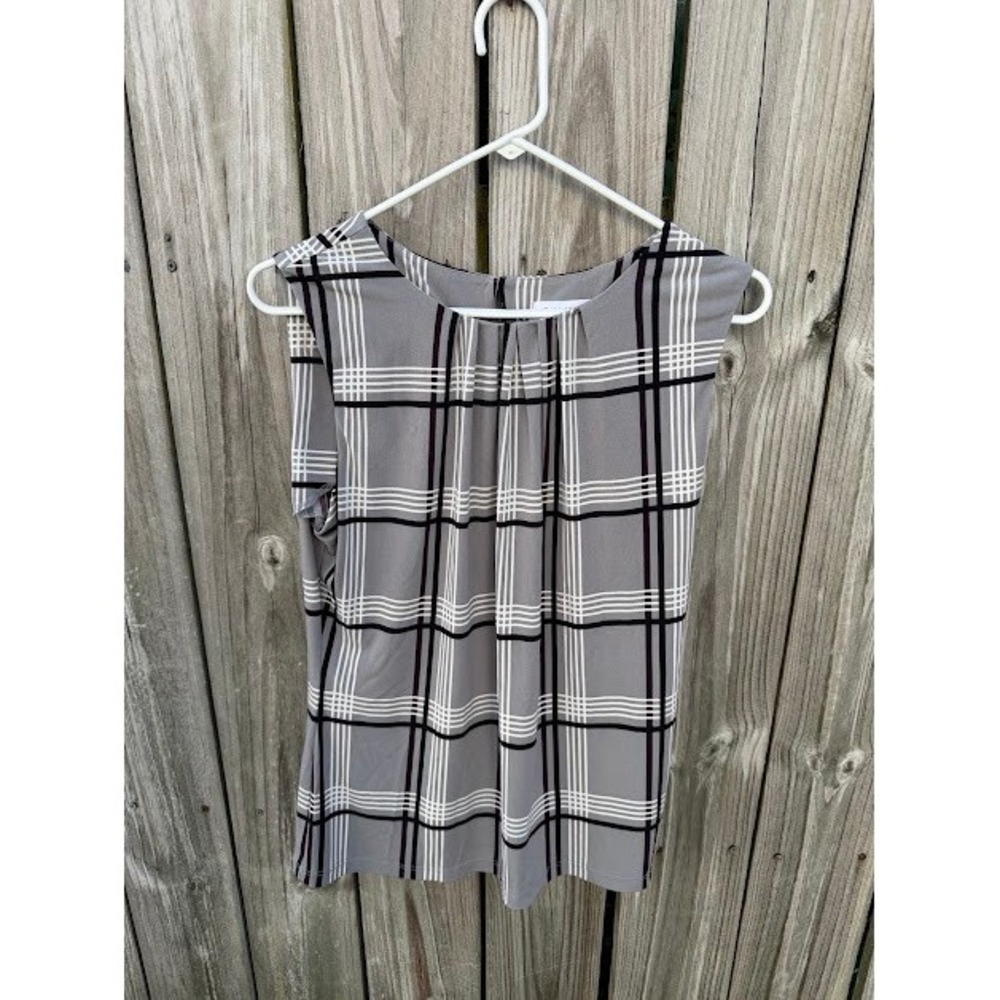 Professional Plaid Calvin Klein Sleeveless Blouse Medium Grey Grid Pleated Neck